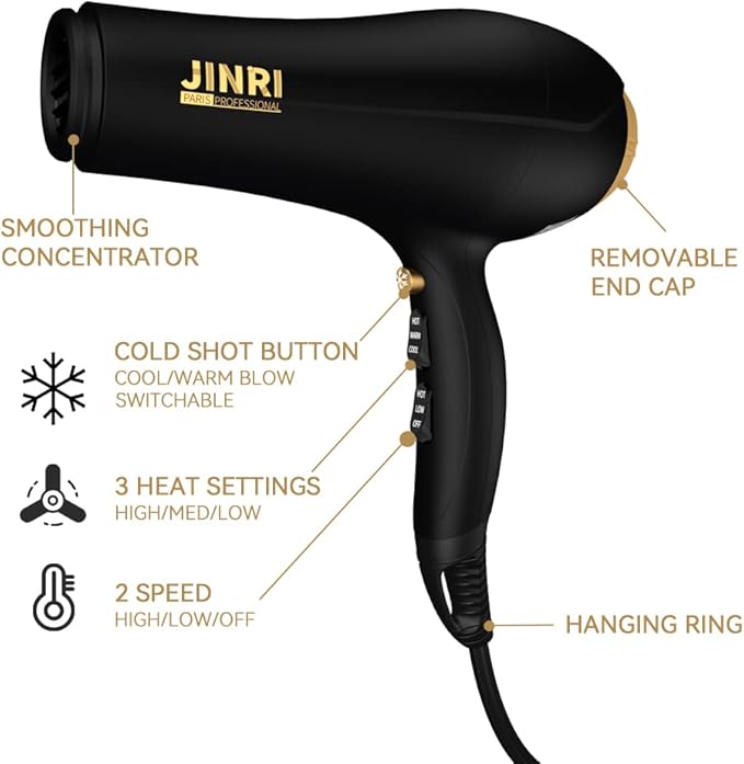 JINRI 2000W Hair Dryer with Negative Ion &amp Infrared - Black 3 Heat &amp 2 Speed Detachable Air Intake Concentrator/Diffuser Hanging Strap