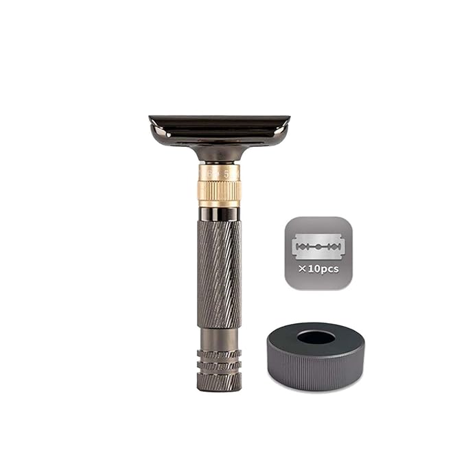 Luxurious and beautifully adjustable double-edged safety razor with 10 platinum-plated stainless steel razor blades reusable razor kit eco-friendly smooth close shave (Glossy Black + Base)