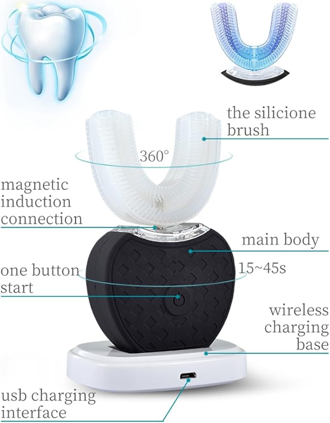 Aimery Automatic Toothbrush U Shaped Toothbrush for Adults 360° - Ultrasonic U-Electric Toothbrushes for Teeth Whitening - Wireless Charging &amp LED Light - Waterproof IPX7