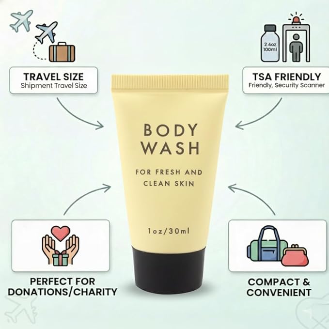 Trail maker 100 Pack 1 Oz. Body Wash - Hospitality Hotel Travel Homeless Shelter Donation Charity Drive Disaster Relief Supplies - 100 Bottles
