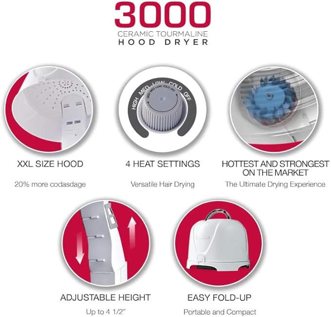 Red by Kiss 3000 Ceramic Tourmaline Professional Hood Dryer with 36PCS Flexi Rods Set – Adjustable Height Blow Dryer + No Heat Hair Curlers for Home &amp Salon Styling