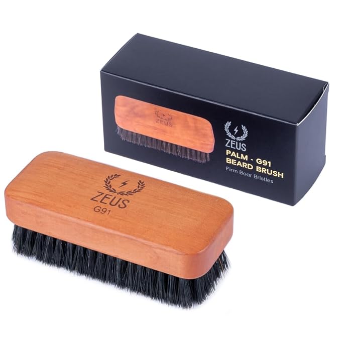 ZEUS Palm Beard Brush for Men Firm 100% Boar Bristles Gently Detangles Smooths &amp Conditions Facial Hair German-Made Pear Wood Handle (G91)