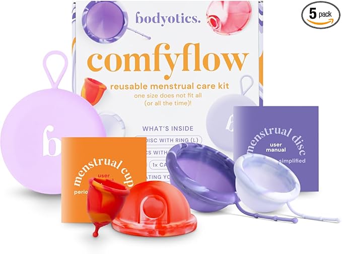 Comfyflow - Reusable Period Care Pack - Menstrual Cup and Discs with String Ring and Carrying Pouch - Comfort-Fit Design - Includes E-Book Guide - 5 Pack