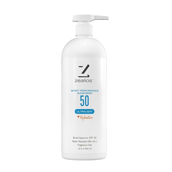 Zealios Sport Performance Ultralight SPF 50 Sunscreen +Hydration 32 oz Bottle Plus 2 oz Travel Bottle Broad Spectrum Water &amp Sweat Resistant (80 min) Non-Greasy for Swimming Running &amp Cyc