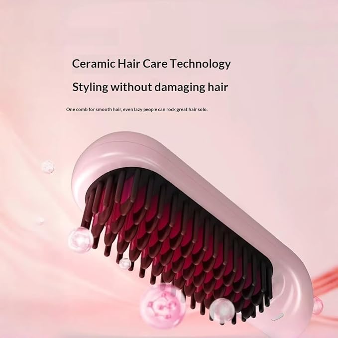 New Cordless Straightening Brush Fast Heating Ceramic Brush with 30s Fast Heat and 4 Temperature Settings Rechargeable Ionic &amp Ceramic Care (Beige)