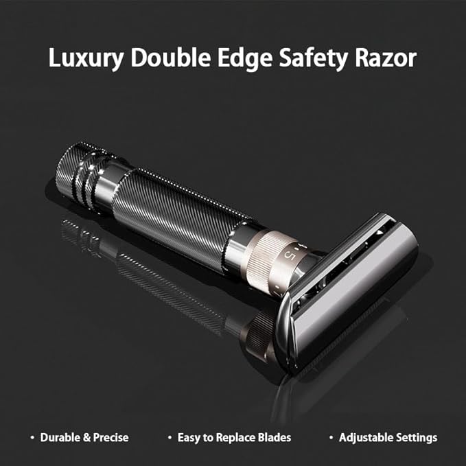 Luxurious and beautifully adjustable safety razorbest razors for menwith 10 platinum-plated razor blades 1 blade razors reusable smooth close shave (Black + Base)