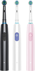 2pcs Rechargeable Rotating Toothbrush - Adult Timer 6 Mode USB Charger with Replacement Heads Set(2002 White Pink)