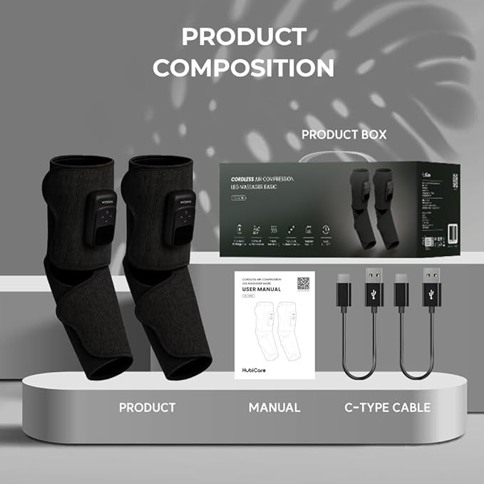 HuBDIC HubiCare Cordless Calf and Feet Massager with Heat and Air Compression for Circulation and Pain Relief 5 Modes with 5 Intensities Reduce Swelling Muscles Relaxation Device (Black)