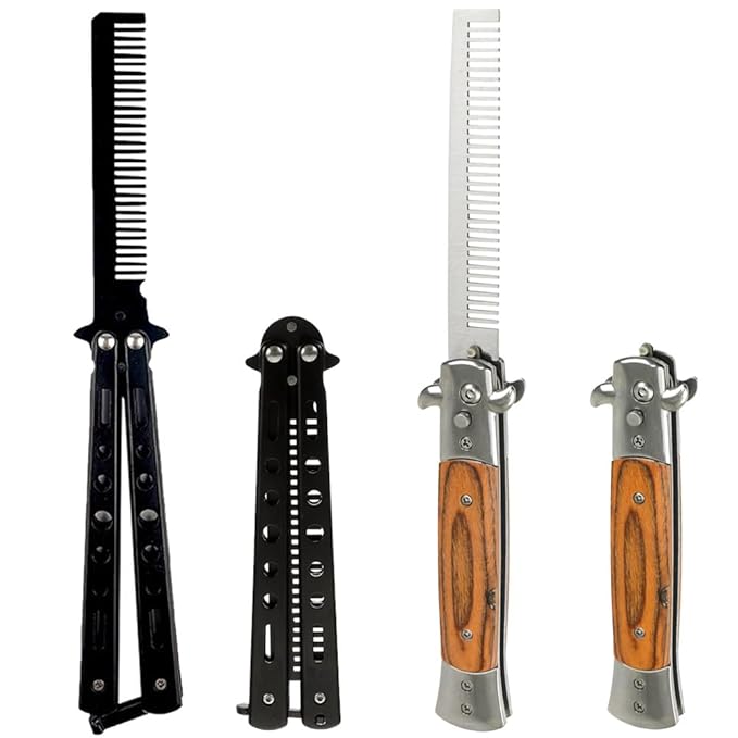 2 Piece Beard Comb Beard Comb for MenFolding Mustache Combs for Men Stainless Steel and Wood Grain Travel Metal Beard CombsBeard Beauty Tool