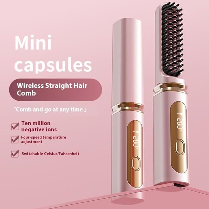 Cordless Hair Straightener Portable Mini Cordless Straightening Brush USB Rechargeable with LCD Temperature Display Adjustable Heat Settings Ideal for Travel Frizz-Free Smooth Hair (Pink)