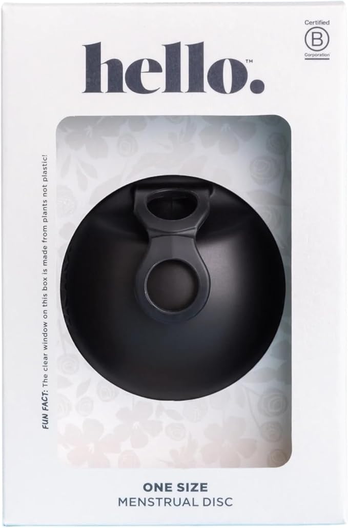 Hello Period Menstrual Disc | Award Winning Reusable Soft Flexible Period Disc | Capacity of 10 Tampons | Double Loop Tab for Easy Removal Leak Proof Alternative to Pads &amp Tampons (Black)