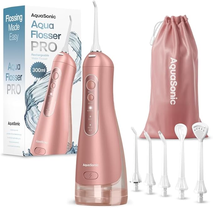 AquaSonic Aqua Flosser PRO - Rechargeable Electric Cordless Water Flosser for Teeth Gums &amp Tongue - Waterproof Modern Design 300ml Large Tank 3 Modes 6 Jet Tips Deluxe Tongue Nozzle - Rose Go