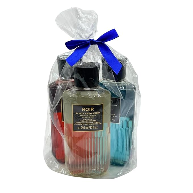 Bath &amp Body Works BOURBON NOIR OCEAN Men's Collection 3-in-1 Hair Face &amp Body Wash 3-piece Gift Set with a Blue Bow for Holidays - 10 fl oz each