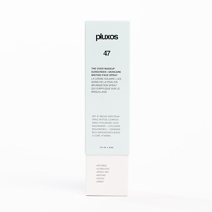 | PLUXOS 47 | SUNSCREEN + SKINCARE SPF 47 FACE MIST SPRAY (Peach) | SUN DEFENSE COMPLEX CARE | Apply Over Makeup Broad Spectrum Clear Light Vegan Hydrate Fight Acne Anti-Aging Cell Repair
