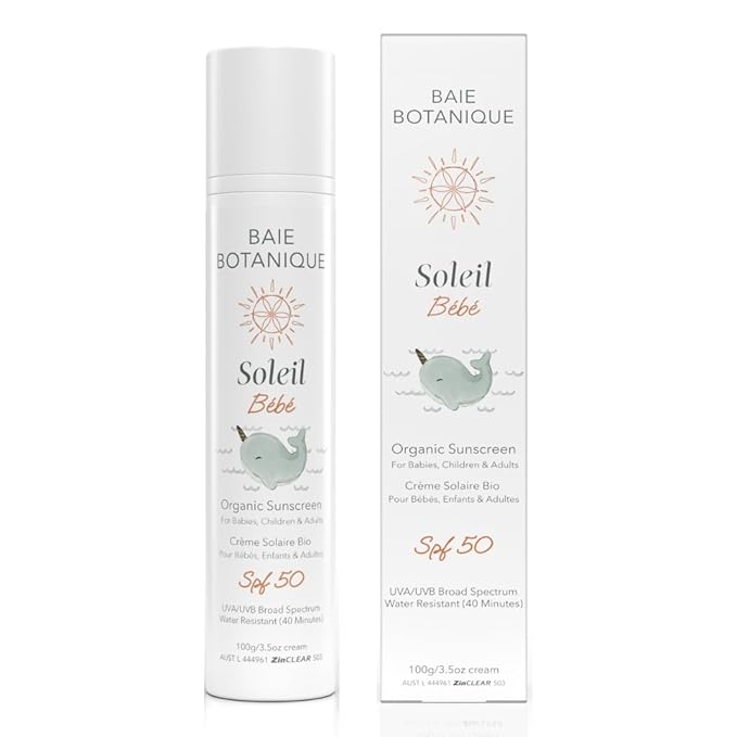 Baie Botanique Soleil Bébé - Organic Non-Toxic Mineral Baby Sunscreen SPF 50 - Sunflower &amp Jojoba - Unscented - Natural - Vegan - No White Cast - Reef Safe - UVA/UVB - 100g