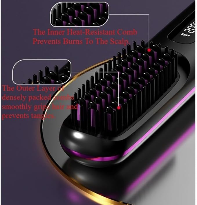 .Portable Cordless Hair Straightening Brush Mini Travel Size Ceramic Coating Anti-Scald Design Black Blue White and Pink (Black)