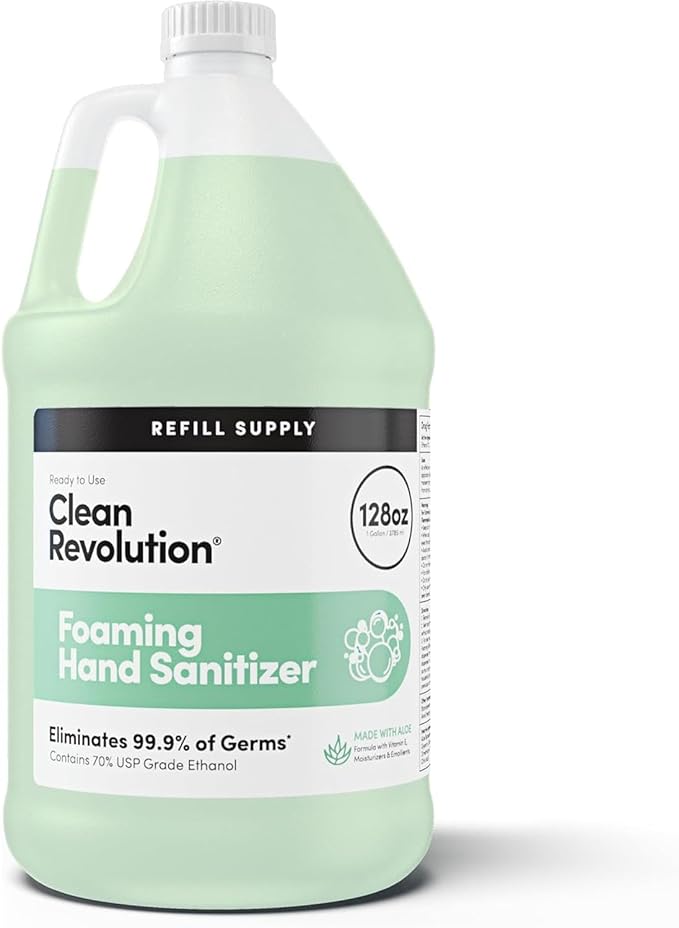 Clean Revolution Foaming Hand Sanitizer 128 Fl. Oz Refill Supply Container | Eliminates 99.9% of Germs |Gentle &amp Aloe Enriched | 70% USP Medical Grade Ethanol Medical Facility Compliant