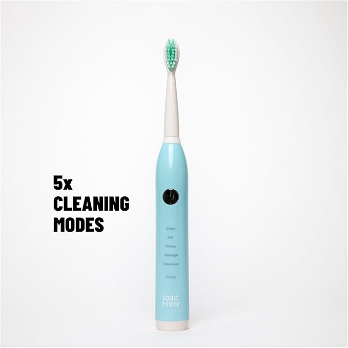 Electric Toothbrush Kit Ultra Portable &amp Lightweight with 5 Cleaning Modes 1 Year Supply of Brush Heads Rechargeable Battery Mirror Mount &amp Travel Cap Included (Blue)