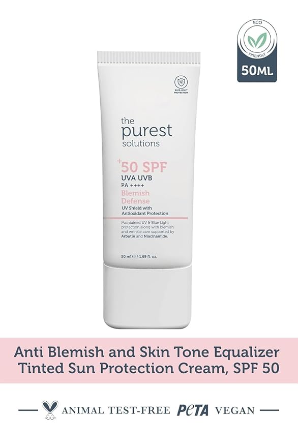 The Purest Solutions Blemish Defense (UV Shield with Antioxidant Protection SPF 50+) - 8h UVA Protection Arbutin &amp Niacinamide for Skin Tone Harmonization and Moisturizers - Vegan (50 ml)