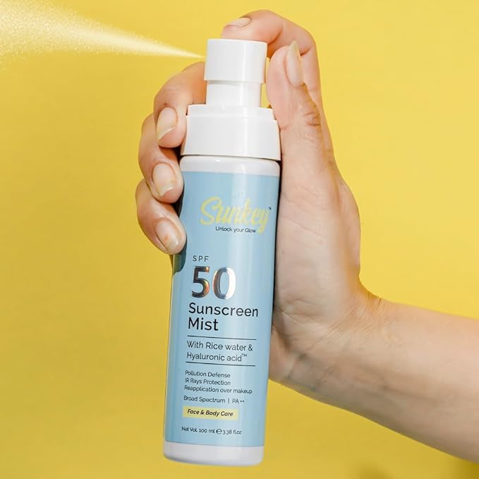 Sun-key Sunscreen Mist SPF 50 PA++ with Hyaluronic Acid &amp Rice Water | Water-Based UV Spray for Face &amp Body | Pollution Defence Heat Ray Shield | Non-Greasy Hydrating SPF Mist | 100ml