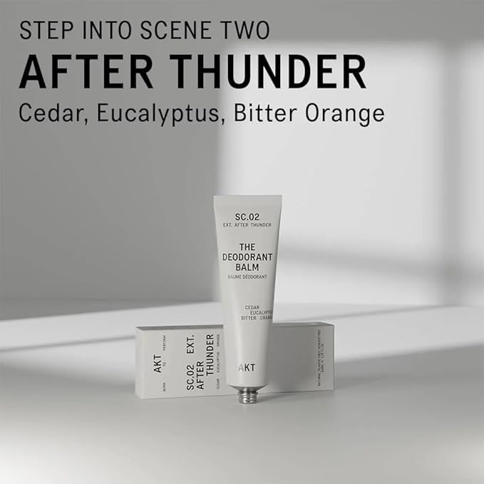 AKT THE DEODORANT BALM. Award winning multi-use natural deodorant. Plastic Free. Gender Free. Aluminium Free. 100% effective — 1 tube lasts up to 3 months. SC.02 AFTER THUNDER. 50ml/1.76 FL.OZ