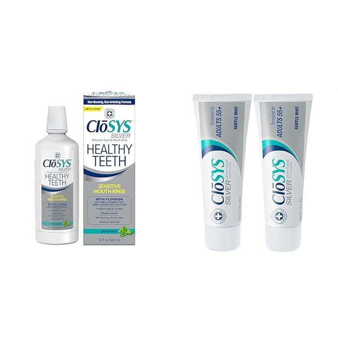 CloSYS Healthy Teeth Oral Rinse Mouthwash - 32 Fl Oz &amp Silver Fluoride Toothpaste for Adults 55+ 3.4 Ounce Gentle Mint Travel Size TSA Compliant pH Balanced Enamel Protection Sulfate Free