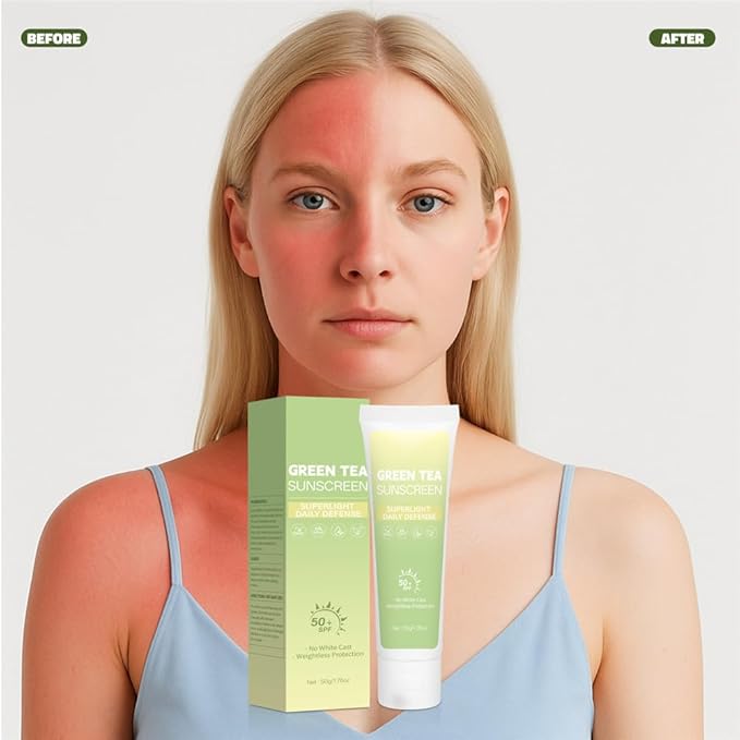 2PCS Green Tea Sunscreen for Face SPF 50 Facial Sunscreen Non-Greasy &amp No White cast Lightweight Hydrating