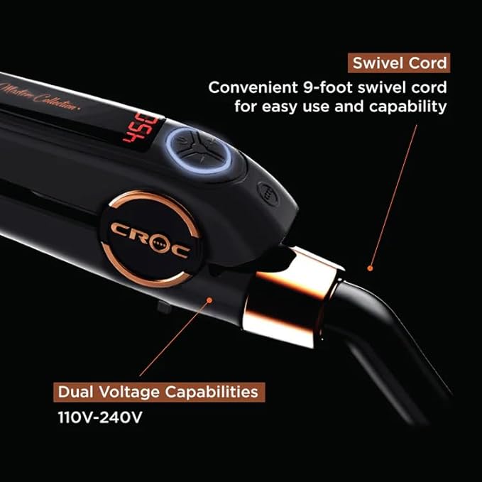 Croc Master Infrared Black Titanium Flat Iron 1.5” – Professional Hair Straightener with Patented Infrared Technology Digital Temperature Control (280–450°F) Negative Ion Technology Dual Voltage