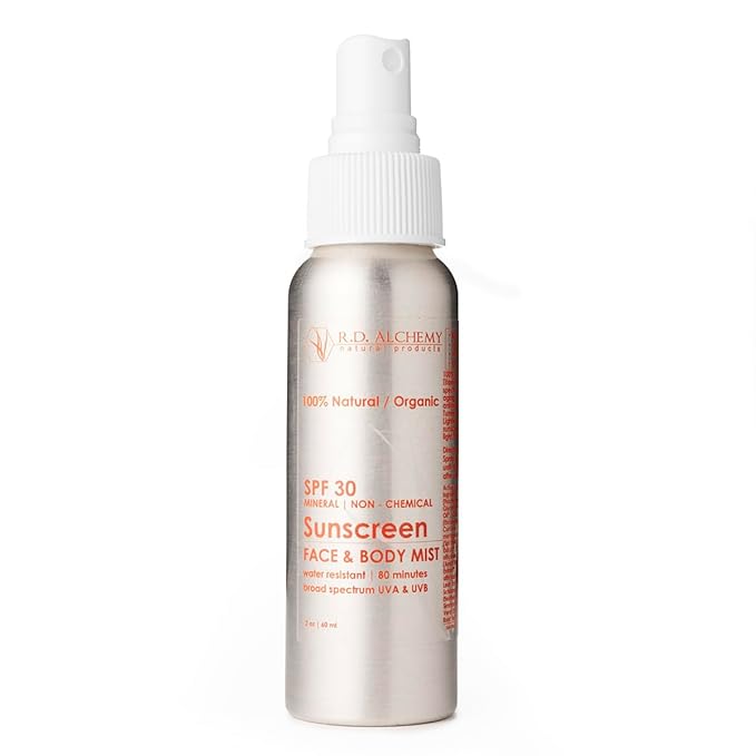 RD Alchemy - 100% Natural &amp Organic Sunscreen SPF30 Face and Body Mist - Travel Sized Non-Nano Chemical free Reef Safe Broad Spectrum UVA and UVB protection