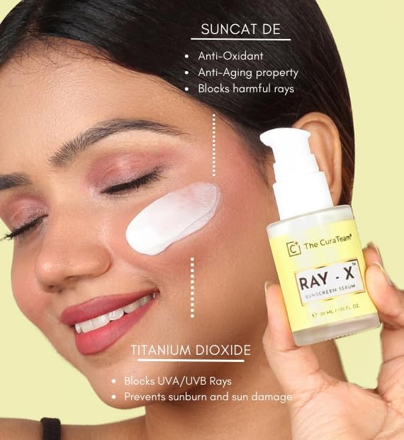 RAY-X™ Sunscreen Serum SPF 50 PA+++ with Suncat DE Broad Spectrum | UV A UV B | Blue Light Protection | Titanium Dioxide for Sun burn Sun Damage by Harmful Rays | Glowing Skin | 30ml
