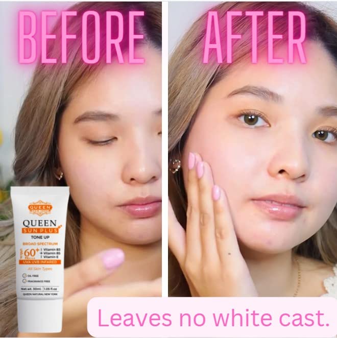 QUEEN SUN PLUS + QUEEN AM GLOW Sunscreen SPF 60 Primer-Anti Aging Face Moisturizer- Vitamin B3 B5 E- Non-Greasy Silky Touch Instant dry-oil free fragrance free by QUEEN NATURAL NEW YORK