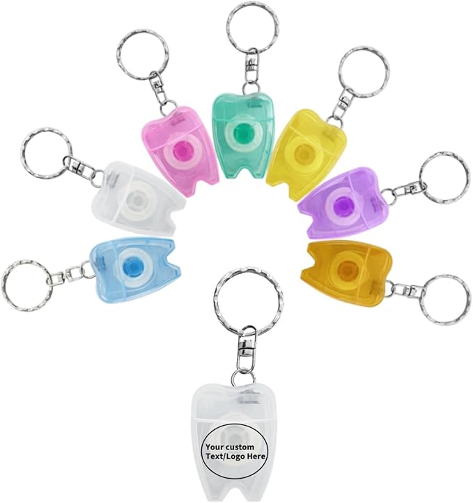 100PCS Custom Personalized Logo Dental Floss Keychain Mini Box Portable Tooth Shaped Customizable with Any Image Logo and Text for Gift Business Logo 15M Length-Random Color
