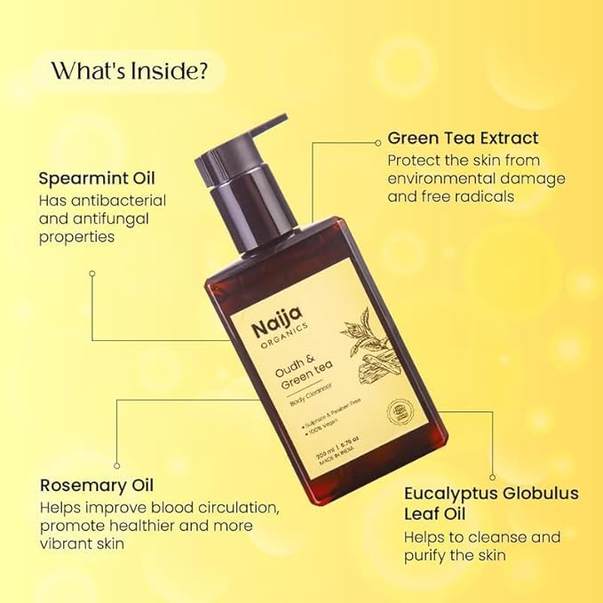 Naija Organics Deep Nourishing Body Wash | ECOCERT Certified organic Oudh &amp Green Tea Extracts shower Cleanser | Glycerin &amp Vitamin-E Hydrating bath Gel | 200ml