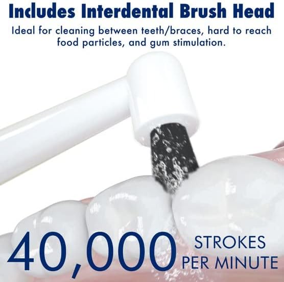 Sonic-FX Solo Electric Toothbrush w/ 10 Brush Heads + 1 Interdental Charcoal Bristles Rechargeable Charging/Storage Base 3 Brush Modes Smart Timer 2 Months Use on Full Charge White Color