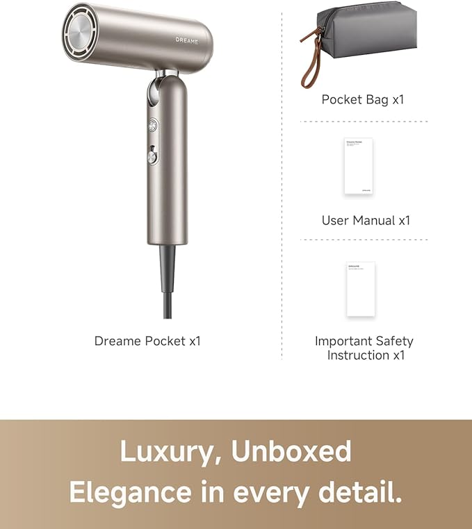 DREAME Pocket Pure High-Speed Hair Dryer Lightweight Foldable Blow Dryer with 110000 RPM Motor Ionic Care 5 Modes Travel Bag Quiet Fast Drying for Frizz-Free Hair