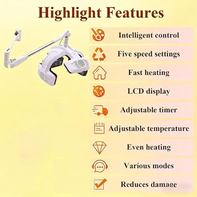 Professional Hair Dryer 1500W High Power Hairdressing Dryer with 5 Heating Discs and 360° Swivel Adjustable Arm Salon Hair Color Processor Wall Mount with LCD Display
