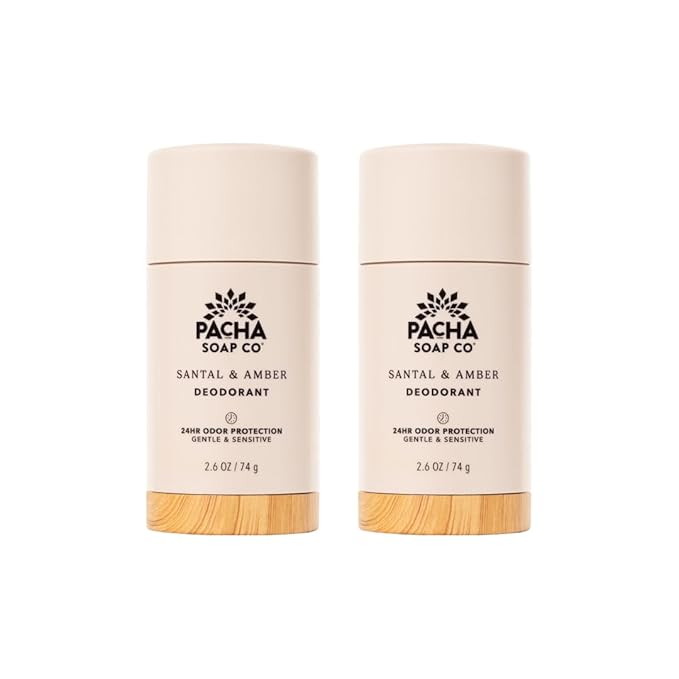 Pacha Soap Co. Aluminum-Free Deodorant - Santal &amp Amber Scented 24-Hour Odor Protection for Gentle &amp Sensitive Skin Clean Ingredients Baking Soda-Free Made in the USA 2-Pack (2.6 oz Each)