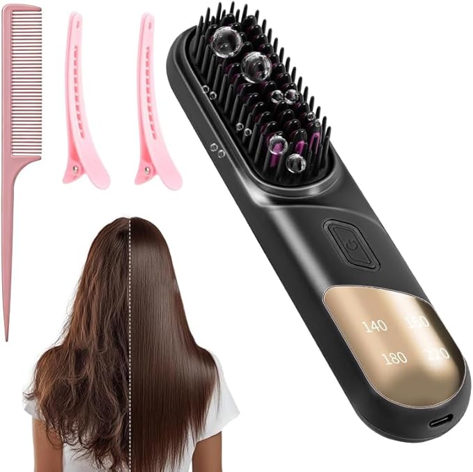 Go Brush Pro3-in-1 Cordless Negative Ion Hair StraightenerPortable Hair Straightener Comb 4 Temps Fast Heating Mch Ceramic CoatingAnti-Scalding Comb TeethSmoothes Frizz (Black)