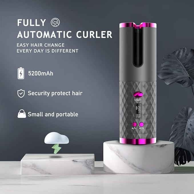 Automatic Curling Iron Hair Curling Iron for Hair Styling Cordless Auto Hair Curler with 6 Temps and Timers Auto Shut-Off Fast Heating Rechargeable Cordless Hair Curler 1 (Gray)