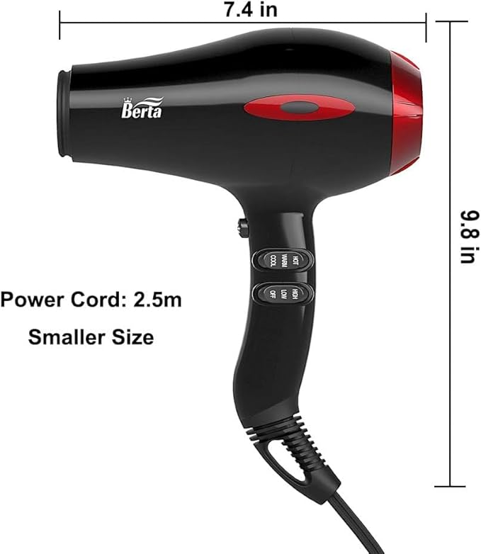 BERTA 1875W Professional Salon Hair Dryer Negative Ionic Blow Dryer 2 Speed 3 Heat Settings Cool Button with AC Motor Concentrator Nozzle &amp Diffuser &amp Comb