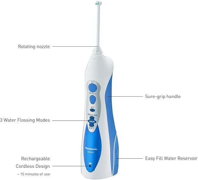 Panasonic Professional Water Flosser for Braces 2-in-1 Cordless Portable Oral Irrigator with Jet Nozzle &amp Tuft Brush EW1213A White