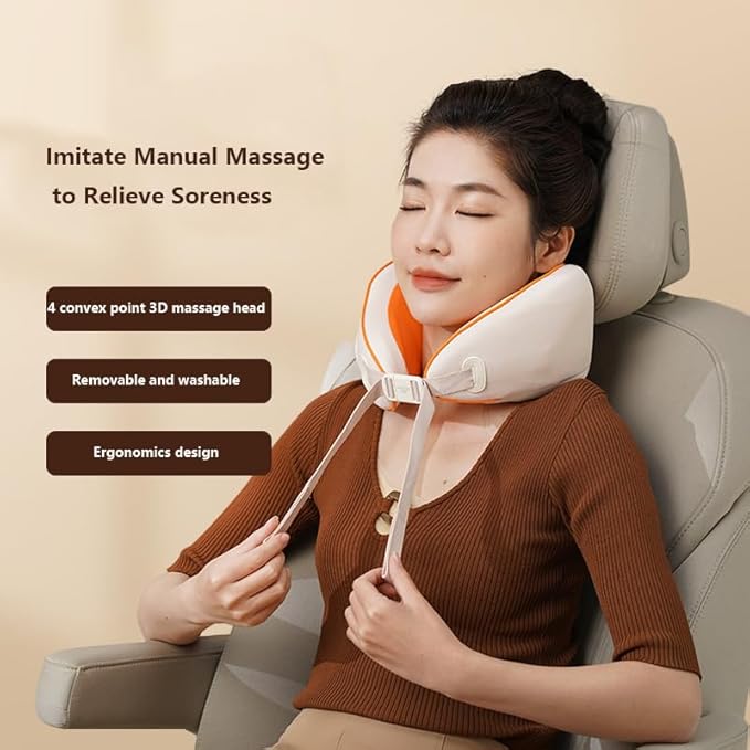 U-Shaped Neck Massager Portable Rechargeable Kneading Massager Pillow 4 Convex Point 3D Massage Head Pain Relief Deep Tissue for Long Flights Car Rides Adjustable Lock and Removable Washable