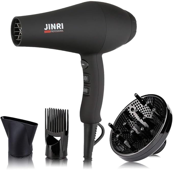 JINRI Hair Dryer 1875W 3 Heat &amp 2 Speed with Diffuser with Concentrator Ionic Technology &amp Infrared - Black Detachable Air Intake Hanging Strap Non-Foldable 125V JINRI-104