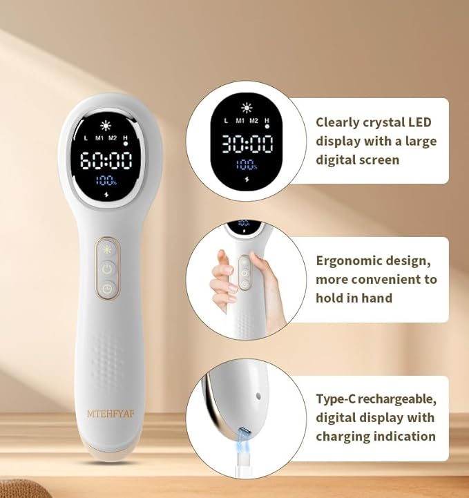 Red Light Therapy Device Rechargeable LED Display Pain Relief Device with 4 Modes Ergonomic Design Type-C Charging