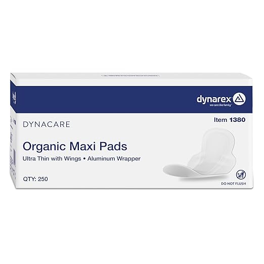 Dynarex DynaCare Organic Maxi Pads - Ultra-Thin with Wings - Organic Cotton Top Sheet Breathable Materials - Up to 8 Hours Protection - Individual Aluminum Wrappers - Case of 250