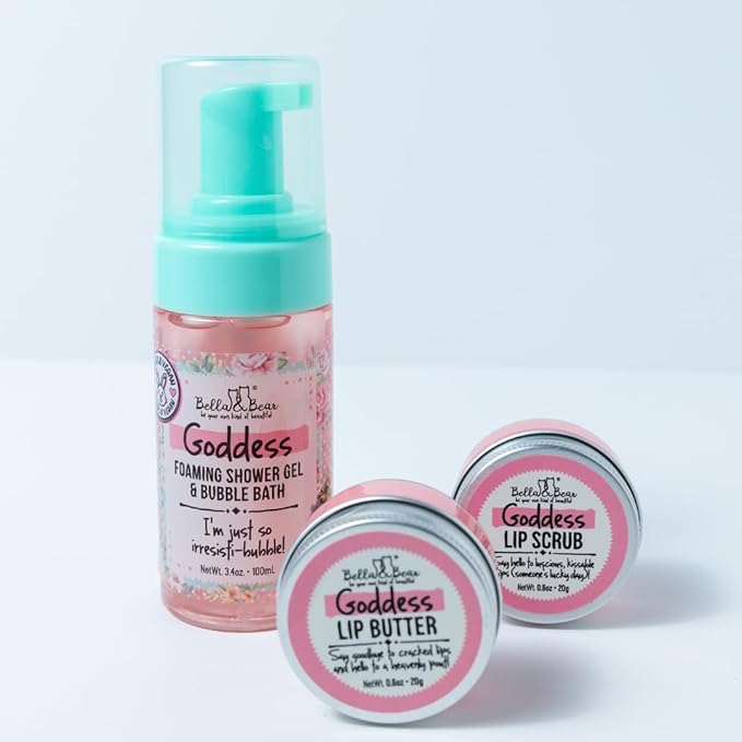 Bella &amp Bear Goddess Mini Bath &amp Body Gift Set with 2 in1 Foaming Shower Gel &amp Bubble Bath Lip Scrub Lip Butter - Gift - Teens - Tweens - Women