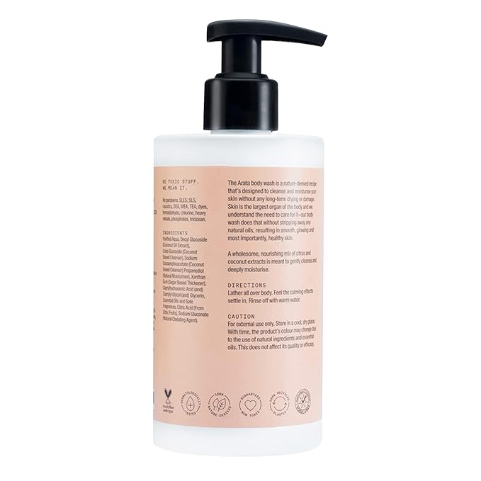 Arata Hydrating &amp Non-Drying Body Wash With Ayurvedic Coconut &amp Citrus | All Natural Vegan &amp Cruelty-Free | Gentle Cleansing For Women &amp Men | No SLS No Parabens - 10 Fl Oz