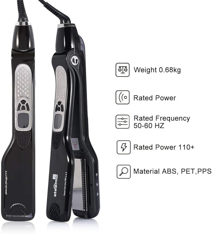 SteamPlus Professional Steam Hair Straightener with LCD Display White and Black 6 Steam Vents Detachable Guide Comb Temperature Control Ceramic Plates (Black)