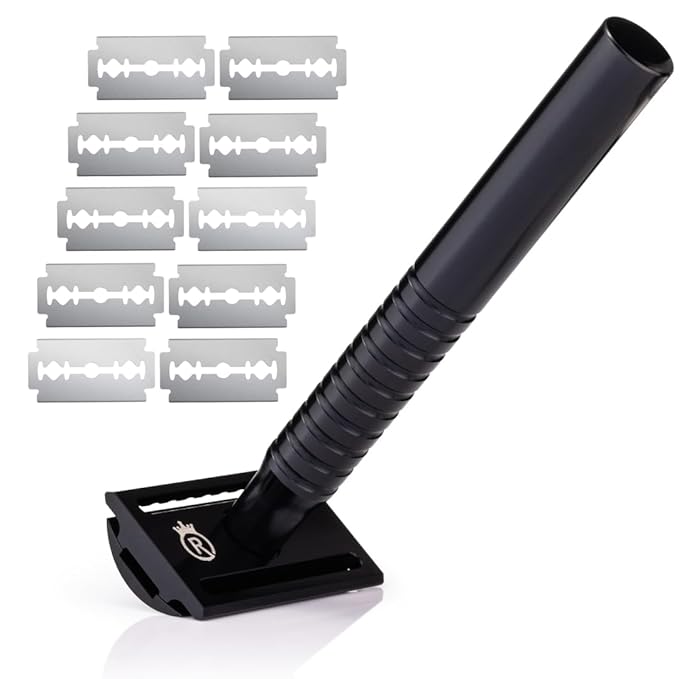 Reggie’s Razors Jupiter Aluminum Safety Razor for Men - Double Edge Shaving Razor CNC-Machined - Made in UK - Aerospace Grade Textured Grip Suitable All Skin Types - Includes 10 Blades – Black