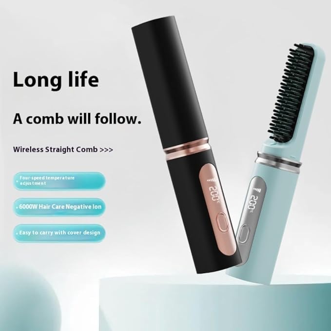 Cordless Hair Straightener Portable Mini Cordless Straightening Brush USB Rechargeable with LCD Temperature Display Adjustable Heat Settings Ideal for Travel Frizz-Free Smooth Hair (Pink)